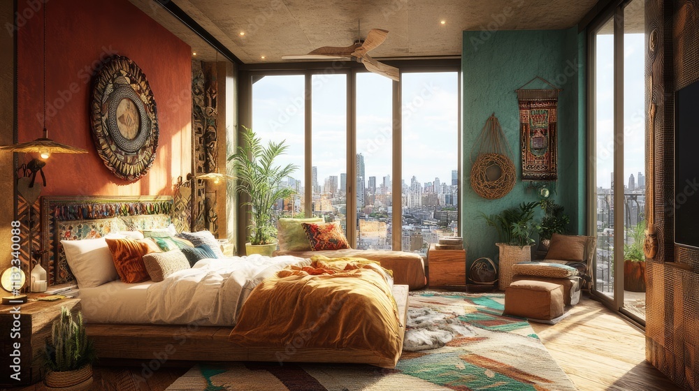 Fototapeta premium Cozy Modern Bedroom with Large Windows and City View Decor