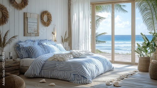 A serene coastal bedroom with nautical striped bedding in blue and white, styled with driftwood decor, seashell accents, and a large window overlooking the ocean. --ar 16:9 photo