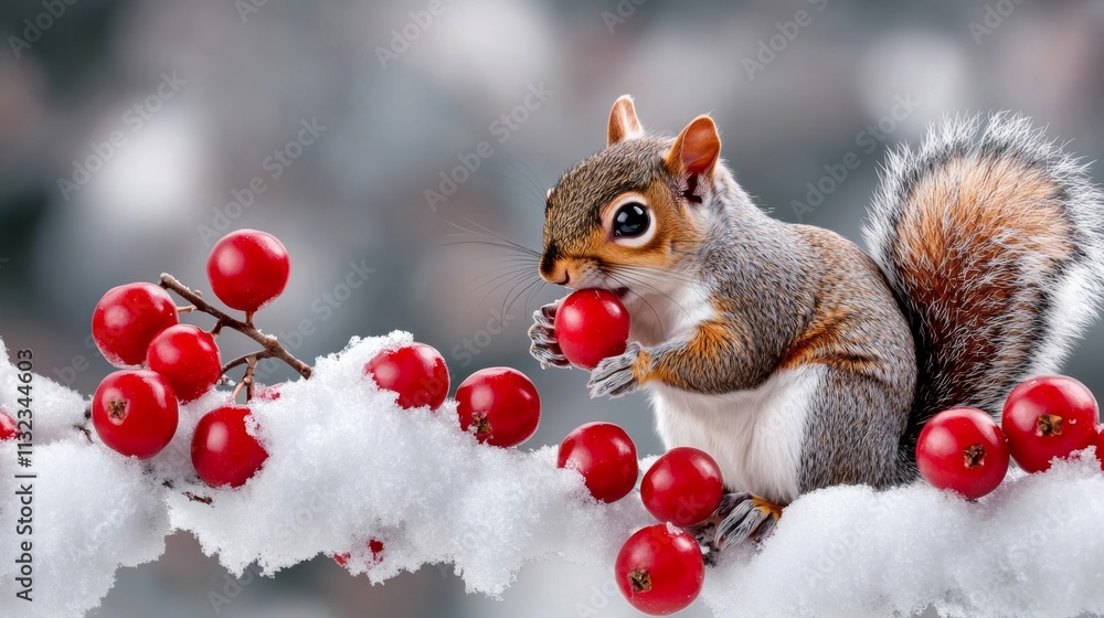 Obraz premium Squirrel is eating a red berry on a snowy branch. Concept of warmth and coziness, as the squirrel is enjoying a snack in the midst of winter