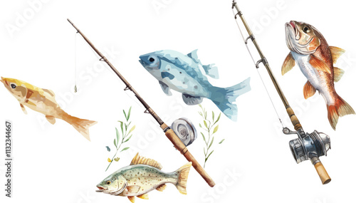 Fishing rod with reel and fish on white background