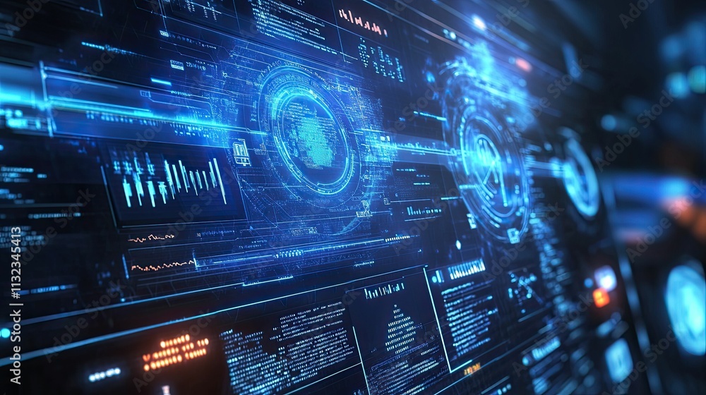 Fototapeta premium Glowing digital data streams across screen.