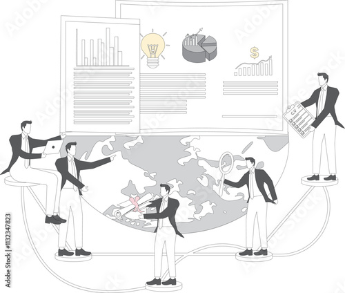 Global business networking and connectivity, establishing global corporate or business connections, global business exchange and cooperation, a group of businessmen standing at various grid points cen