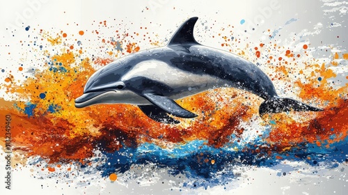 Colorful and Dynamic Dolphin Illustration Surrounded by Abstract Splashes of Paint in Vibrant Hues Ideal for Artistic and Aquatic Themes photo