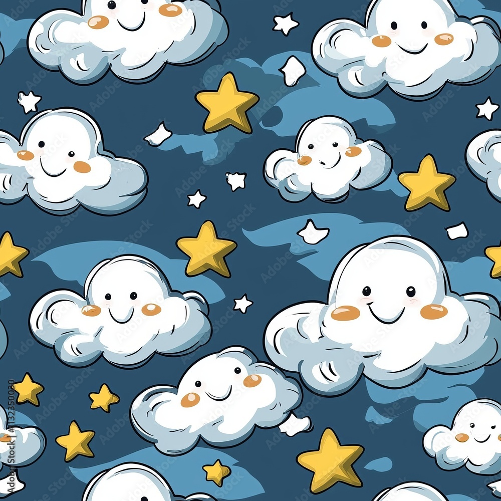 Fototapeta premium Seamless pattern of cartoon stars and clouds