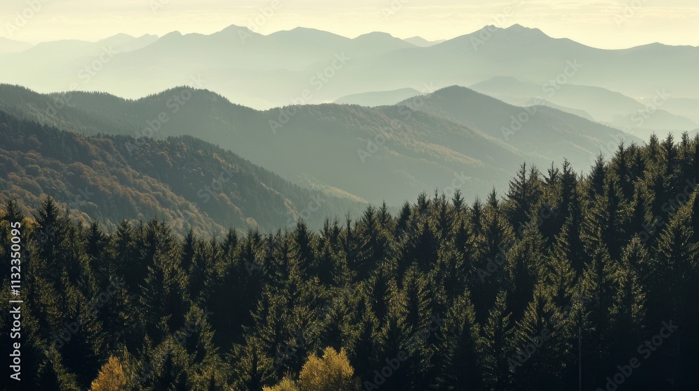 Fototapeta Misty Mountain Ranges and Evergreen Forest: A Breathtaking Landscape