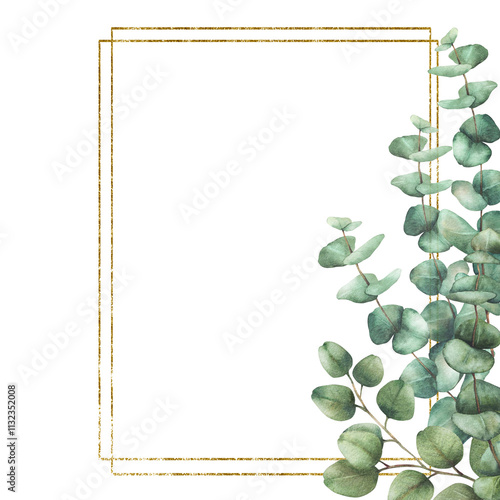 Eucalyptus green leaves and branches with gold framed. Watercolor hand painted floral template illustration. Square frame for church wedding invitations, save the date cards. Isolated from background