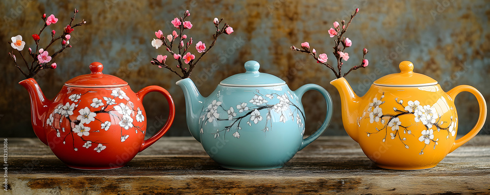 Fototapeta premium Three Teapots with Cherry Blossoms, A Still Life of Colorful Ceramic Teaware Decorated with Delicate Spring Flowers.