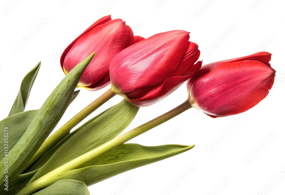 Fototapeta premium Three Red Tulips with Green Leaves isolated with transparent background