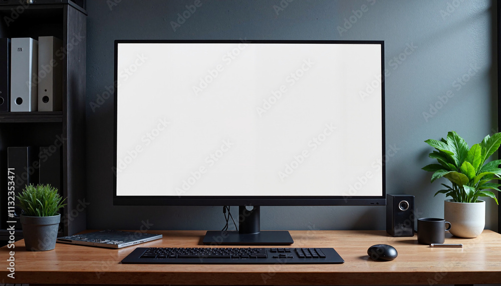 Fototapeta premium Digital banner mockup on large desktop monitor in modern office