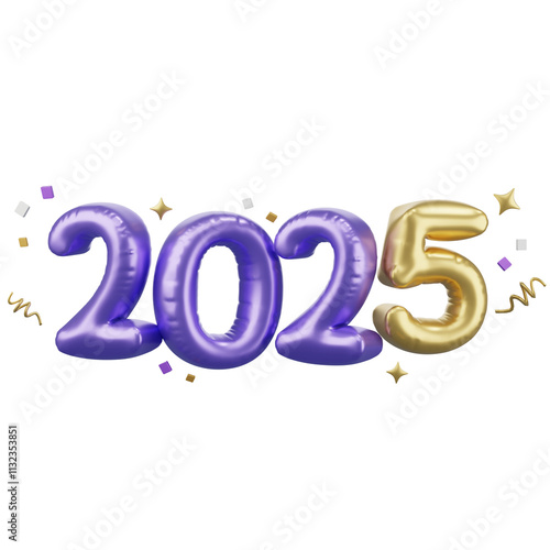 Happy New year 2025, Golden balloon text with cerebrate decoration, festival Day, Isolated Images, 3d illustration,