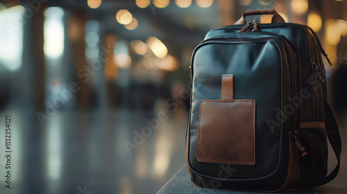 Sticker Mockup on Leather Backpack Highlighting Texture and Durability in Urban Setting photo