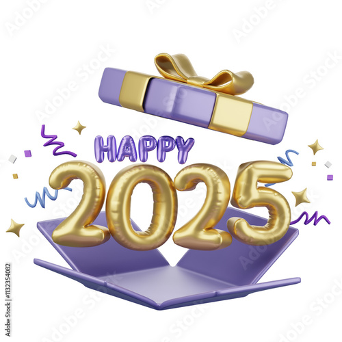 Happy New year 2025, Golden balloon text and opened gift box with cerebrate decoration, festival Day, Isolated Images, 3d illustration,