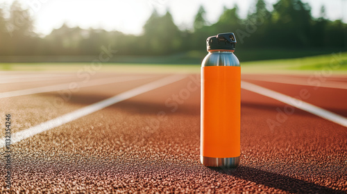 Sports-Themed Vinyl Sticker on Water Bottle for Athletic Track and Fitness Enthusiasts photo