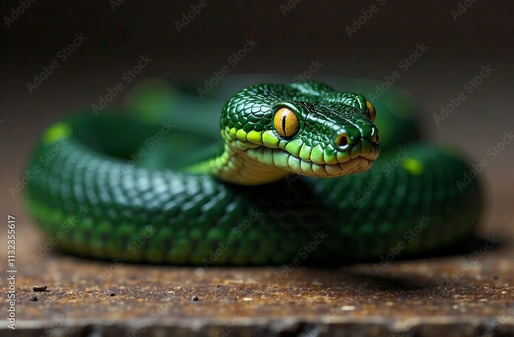 Fototapeta premium Close up of a green snake with yellow eyes on the wooden background