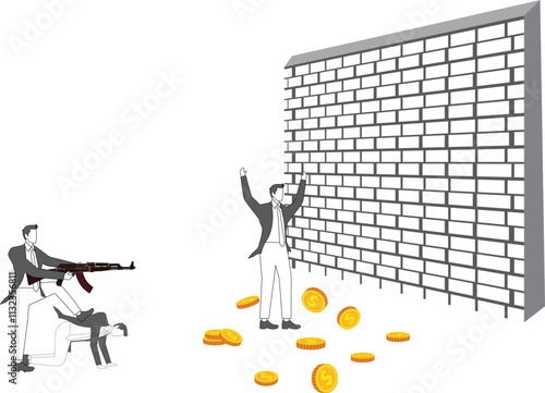Financial crimes, extortion, robbery, violent crimes, isometric robbers holding up businessmen with handguns