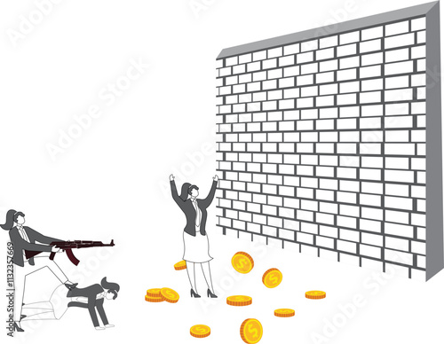 Financial crimes, extortion, robbery, violent crimes, isometric robbers holding up businesswomen with handguns