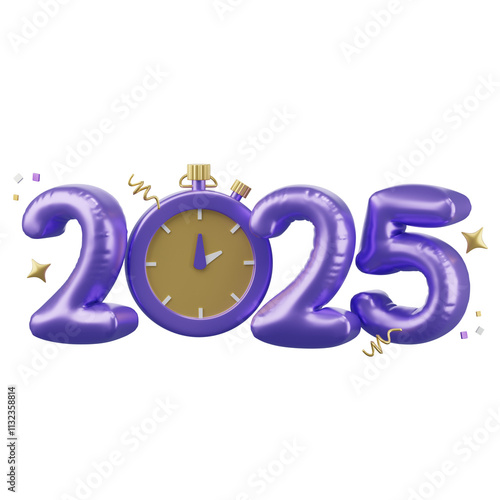 Happy New year 2025, Golden balloon text with cerebrate decoration and clock timer countdown, festival Day, Isolated Images, 3d illustration,