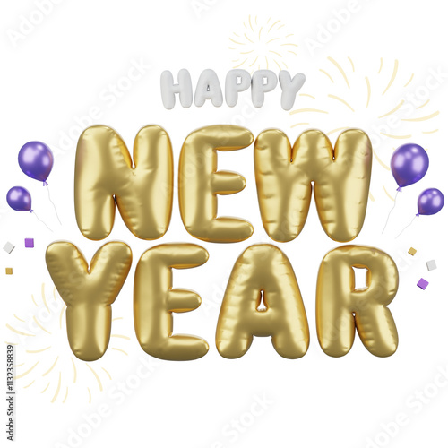 Happy New year ,golden balloon text with new year cerebrate decoration and fireworks, festival Day, Isolated Images, 3d illustration,