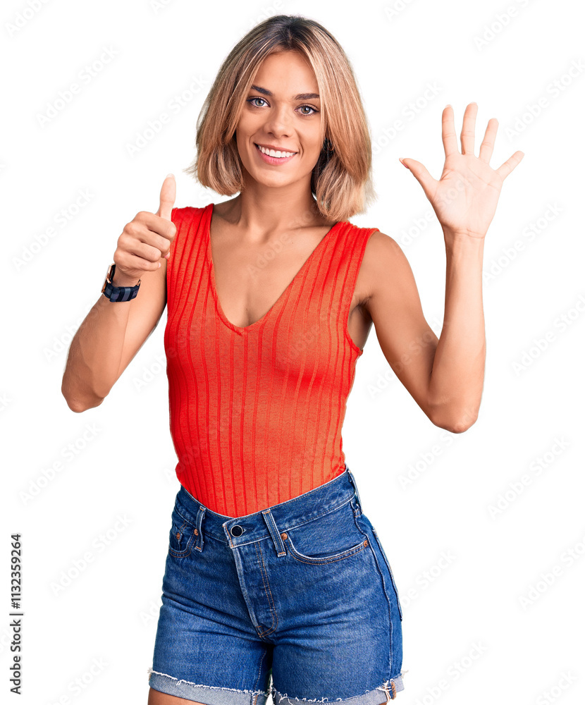 Beautiful caucasian woman wearing casual clothes showing and pointing up with fingers number six while smiling confident and happy. Beautiful caucasian woman wearing casual clothes showing and pointing up with fingers number six while smiling confident and happy.