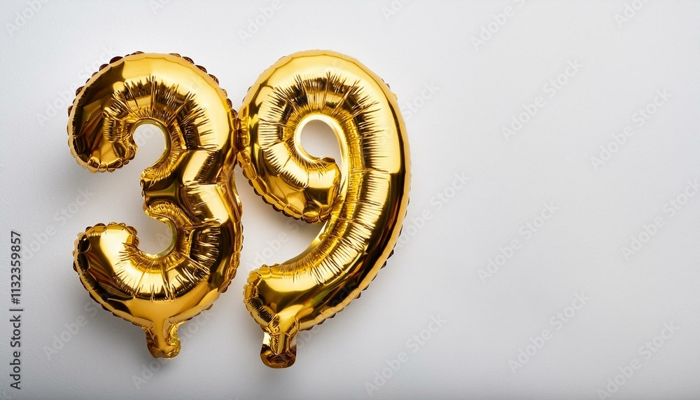 Fototapeta premium Number 39 golden balloons on white background with copy space. Generated image
