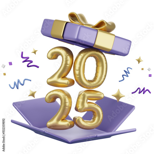 Happy New year 2025 ,golden balloon text and opened gift box with new year cerebrate decoration, festival Day, Isolated Images, 3d illustration