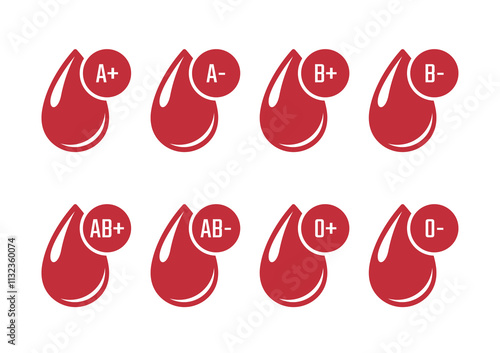 Blood group vector icons set, Drops of blood with blood type