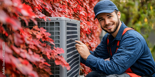 HVAC Technician Inspecting Air Conditioner Unit Against Autumn Foliage