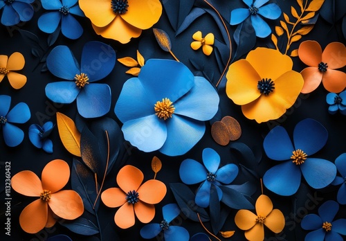 3D render of colorful flowers on a black background, with a gradient color effect photo