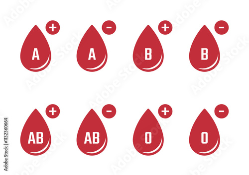Blood types vector icons, drops of blood with blood type