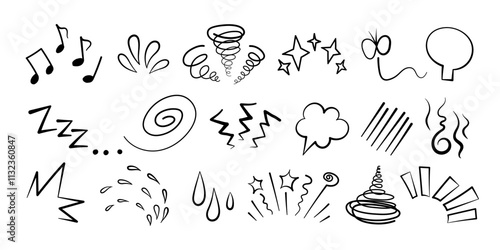 Manga or anime comic emoticon element graphic effects hand drawn doodle vector illustration set isolated on white background. Cartoon style manga doodle line expression scribble anime mark collection.