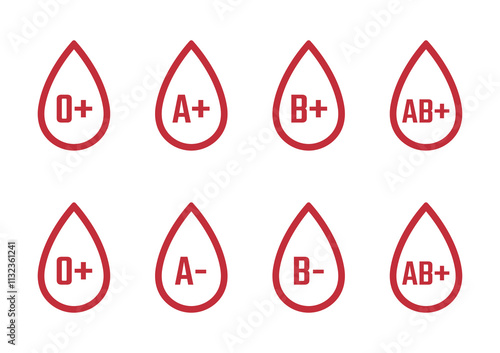 Blood group vector icons set, Drops of blood with blood type