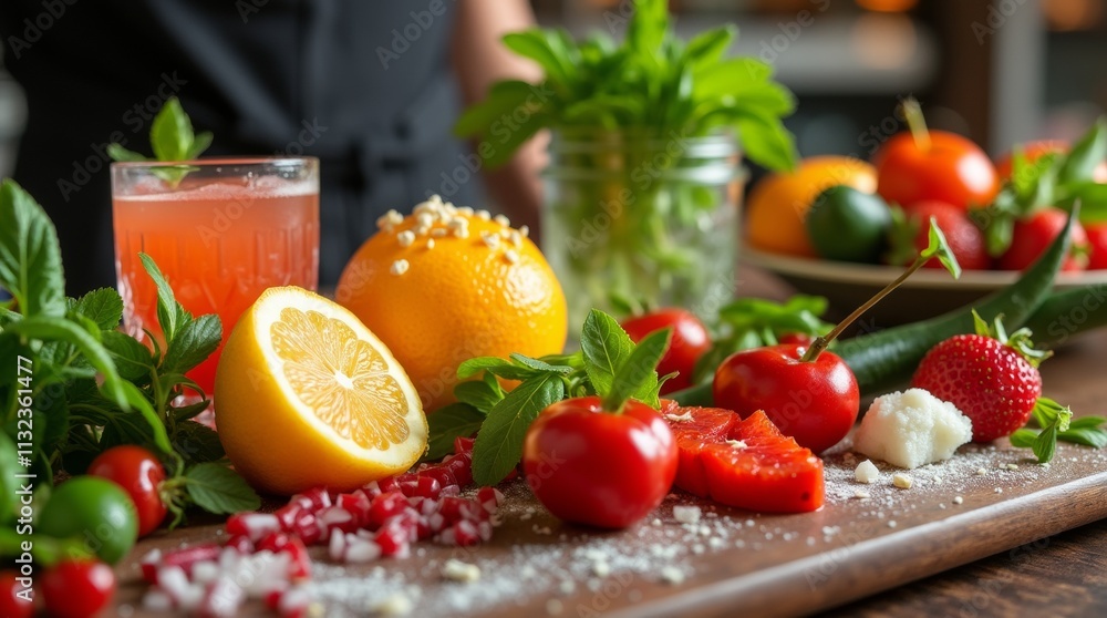 A vibrant display of various cocktail garnishes arranged artistically on a bar counter, including fresh herbs, citrus slices, and colorful fruits. A vibrant display of various cocktail garnishes arranged artistically on a bar counter, including fresh herbs, citrus slices, and colorful fruits.