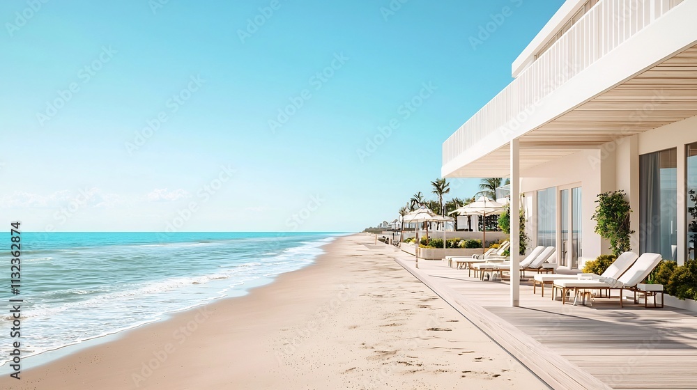 Fototapeta premium Luxurious Beachfront Resort Offering Tranquil Seaside Escape with White Lounge Chairs Gentle Turquoise Waves and Cloudless Skies