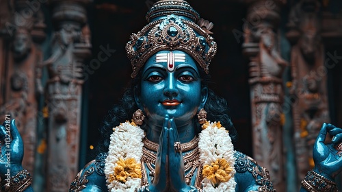 Vishnu is the god of Preservation, the great maintainer who often appears in various incarnations avatara to provide salvation for humanity Some of his best-known avatars who are tremendously pop. AI. photo