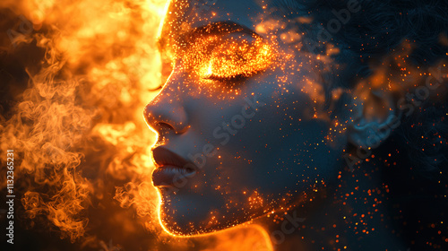 Woman's face illuminated with fiery sparks and glowing particles during an artistic night setting. Generative AI
