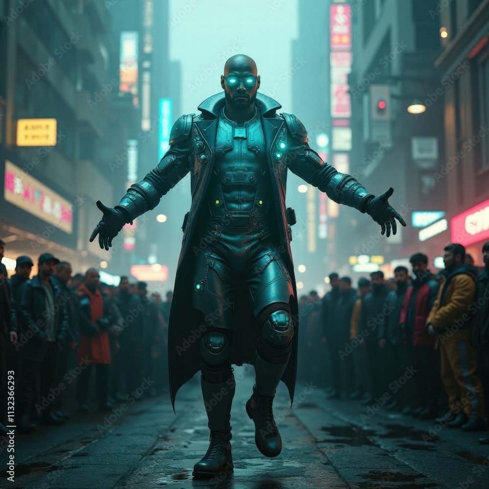 Fototapeta premium A mysterious figure with glowing eyes and a sleek black outfit stands confidently in a crowded neon-lit street. People gaze in awe, captivated by the striking presence at dusk. AI