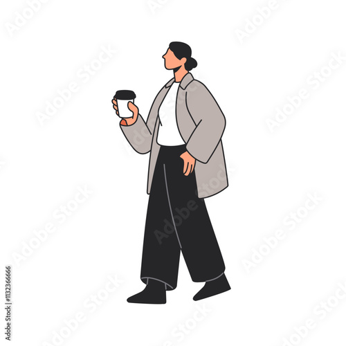 Woman walking, holding takeaway coffee cup. Female going with takeout tea mug, take-away hot drink. Business person with beverage outdoors. Flat vector illustration isolated on white background