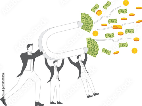 Attracting money, magnets, making money, capitalists, more money with higher profits, the boss takes a huge magnet supported by small businessmen to attract a whole lot of money