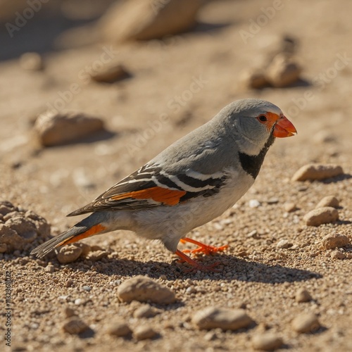 A zebra finch feeding in a desert oasis. photo