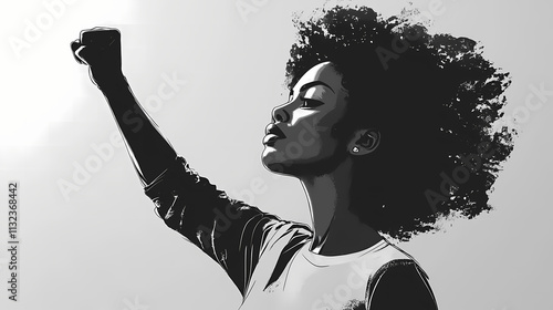 Empowered woman raising fist in black and white illustration, International Women’s Day concept photo