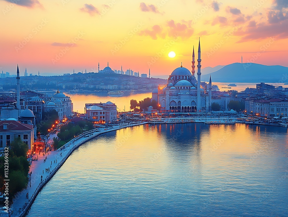 Obraz premium Sunset cityscape view of a mosque by the water