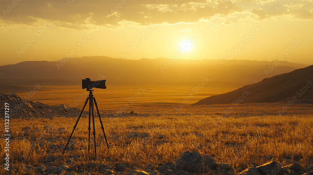 Naklejka premium Sunset photography setup in a tranquil desert landscape with golden hues illuminating the horizon during twilight hours. Generative AI
