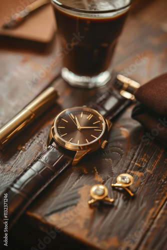 Elegant Mocha Mousse Watch Display with Gold Cufflinks on Polished Wooden Table photo