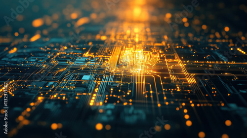 Futuristic digital circuit board backdrop with glowing blue lines and intricate patterns