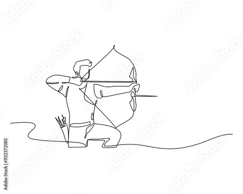 A continuous line drawing of an archer in a kneeling position, aiming a bow and arrow. The minimalist style captures the focus and precision of archery.