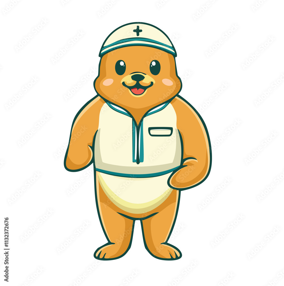 Obraz premium A cheerful cartoon bear character dressed in a nurse's outfit, promoting health and care.