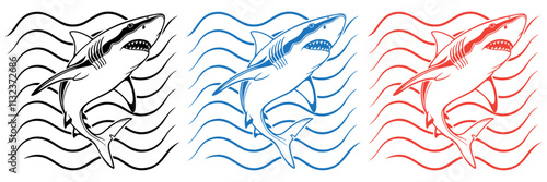 A side-profile vector of a shark swimming, with its fins extended and sharp teeth visible. Wavy water lines in the background for depth. Black and white illustration.

