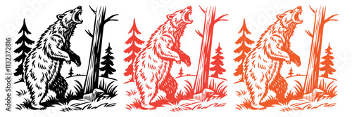 A bear standing on its hind legs, roaring fiercely. Detailed fur texture and forest elements (trees and grass) in the background. Black line illustration.

