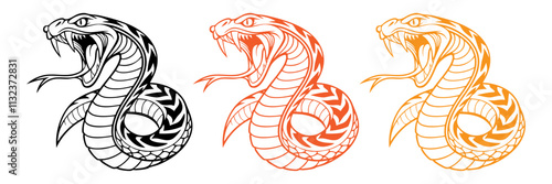 A vector of a snake coiled tightly, with detailed scales and fangs bared. The tongue flicks outward, adding movement. Black line art with clean detailing.

