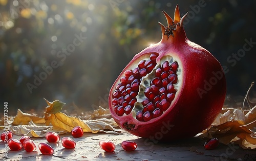 A halved pomegranate with vibrant red arils rests on a rustic surface, surrounded by autumn leaves, bathed in sunlight.